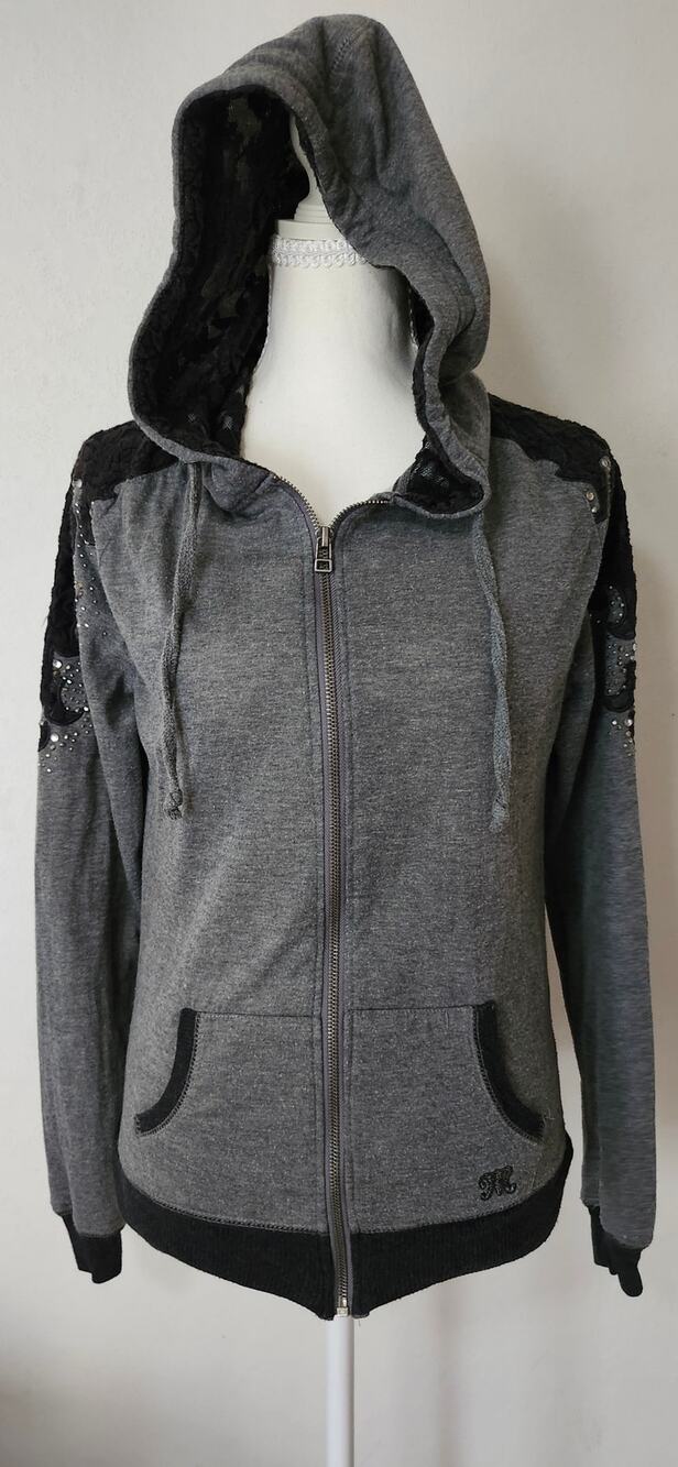 Miss Me Y2K Vintage Gray Black Lace Rhinestone Full Zip Hoodie Size Small